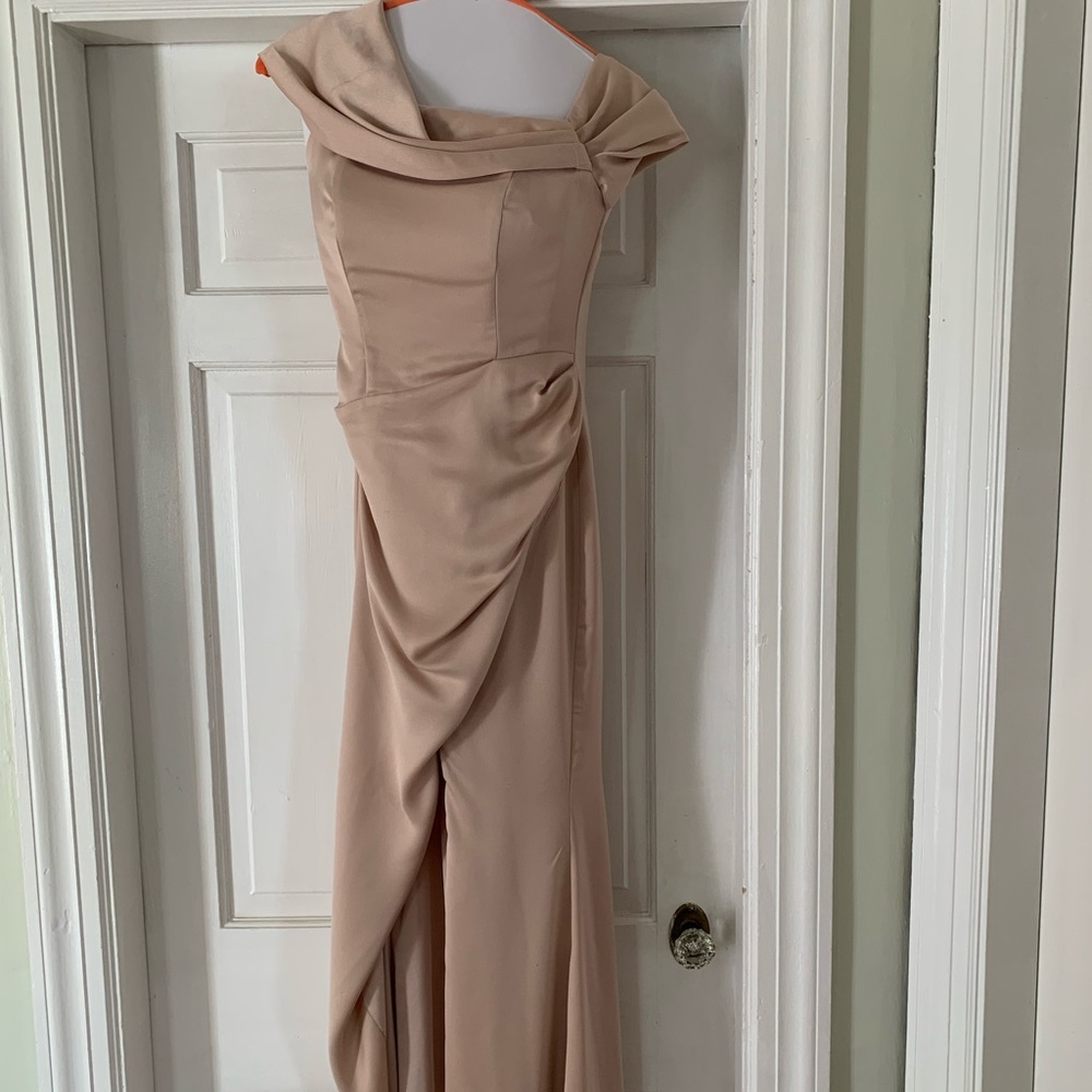 ASOS satin Bardot drape dress in caramel